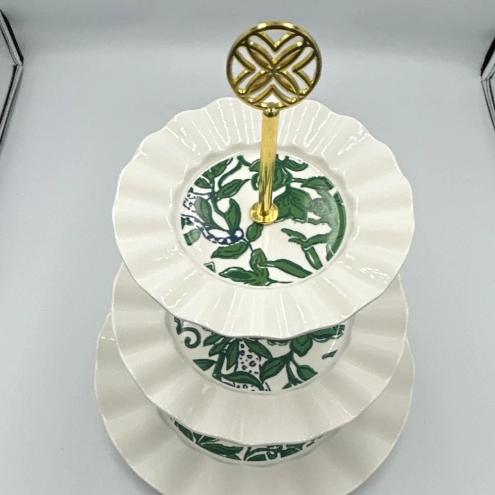 Lilly Pulitzer Three-Tier Ceramic Cake Stand, Green Pattern, Gold Handle, Round